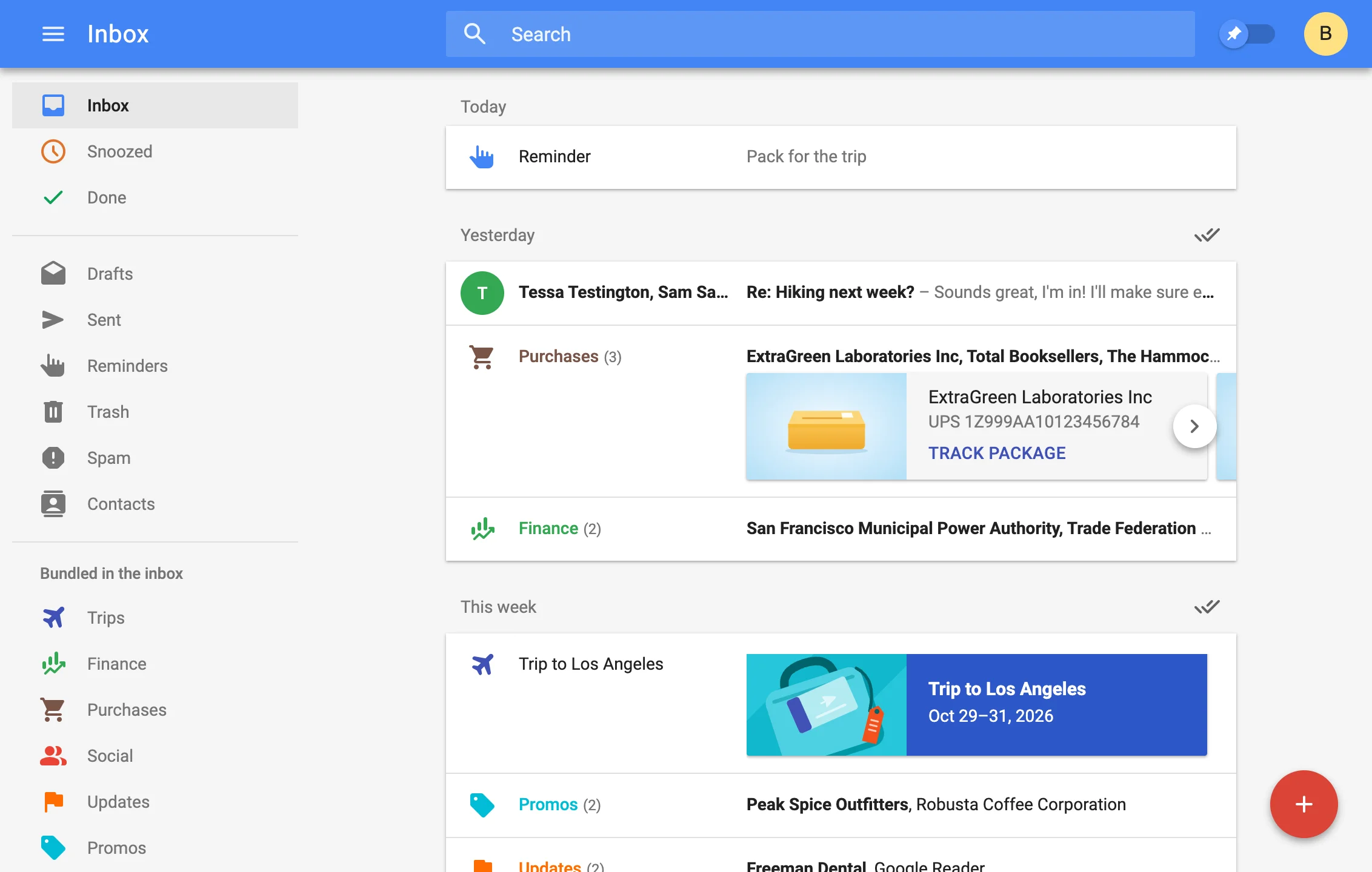 NeoInbox's inbox: a reminder, bundles of purchases and finance mail, and a trip
