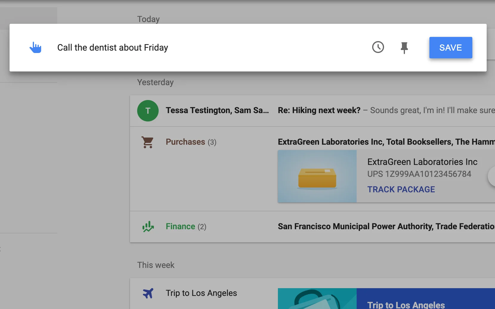 A new reminder being typed at the top of the inbox
