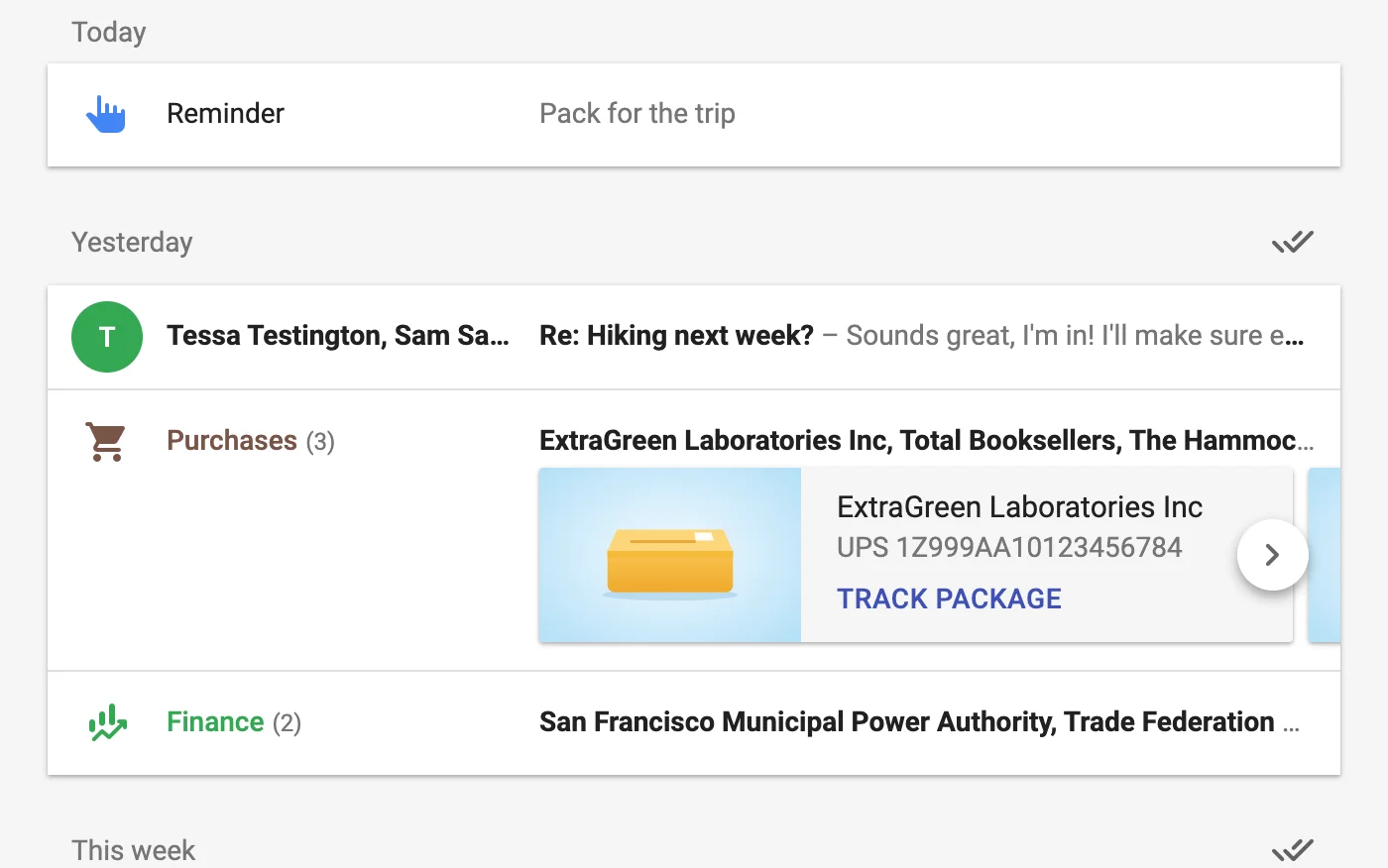 The inbox, grouped by day, with a reminder, a conversation and two bundles