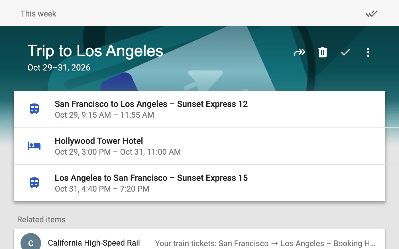A trip to Los Angeles, with its train tickets and hotel stay